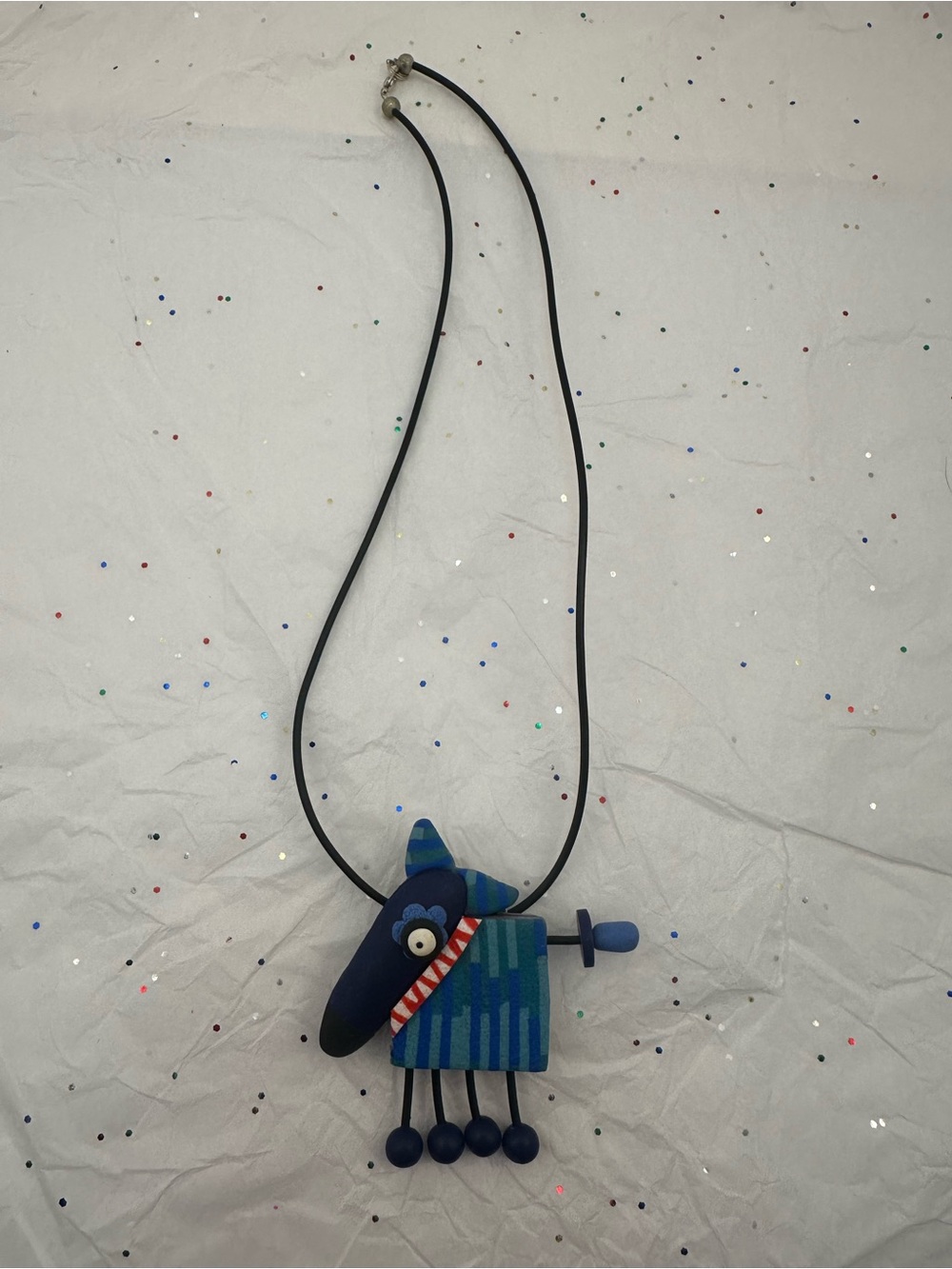 Whimsical Blue Polymer “Happy Dog/ Horse” Caroline Cornic Isola Pendant Necklace